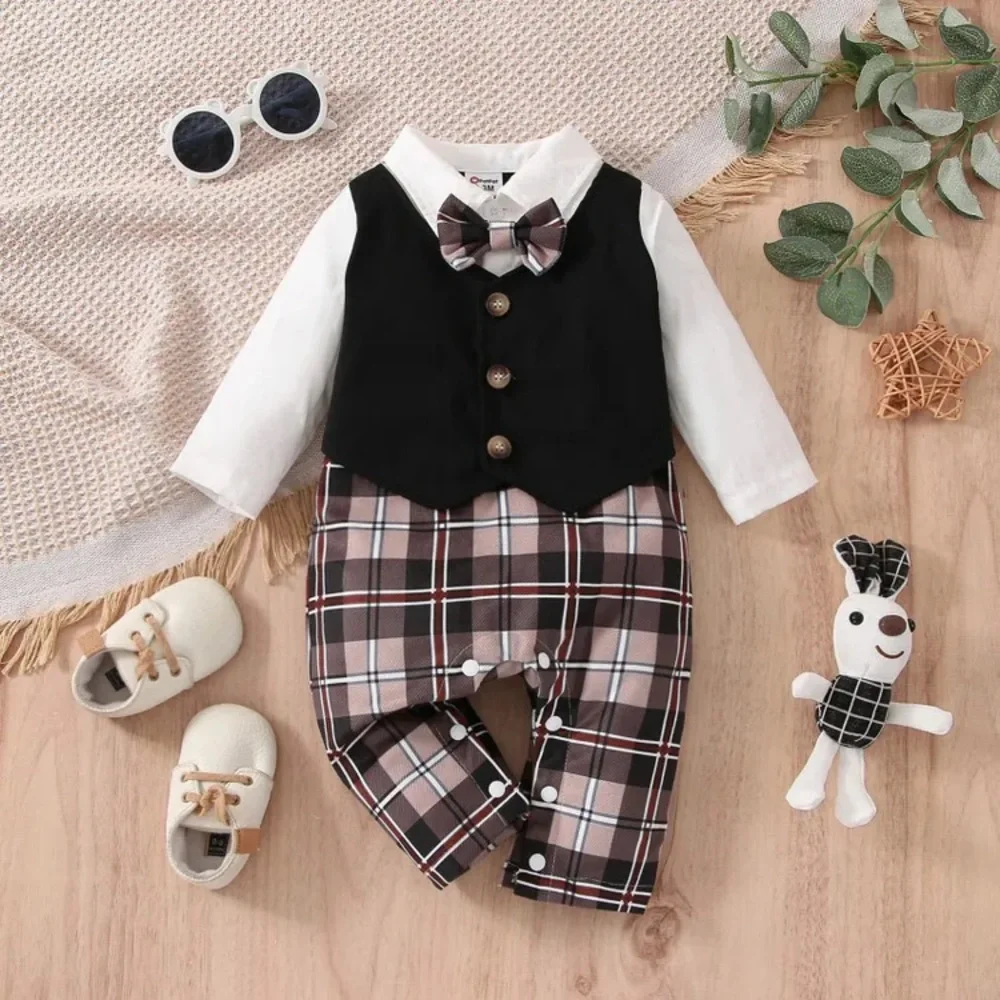 NWT Baby Boy Plaid Bow Tie Waist Coat Faux-two Long-Sleeve Outfit (Size 6-9 )